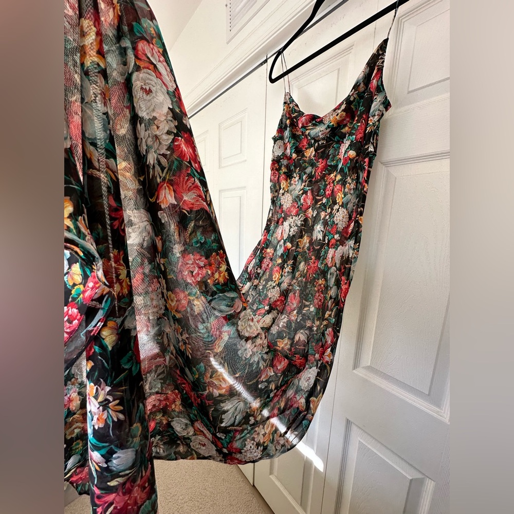 Rosamosario 100% Silk Chiffon Bias Cut Cowl Neck Botanical Print Long Maxi Dress